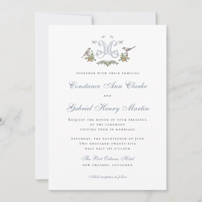 Love Birds "M" Monogram Weditation Einladung (Vorderseite)