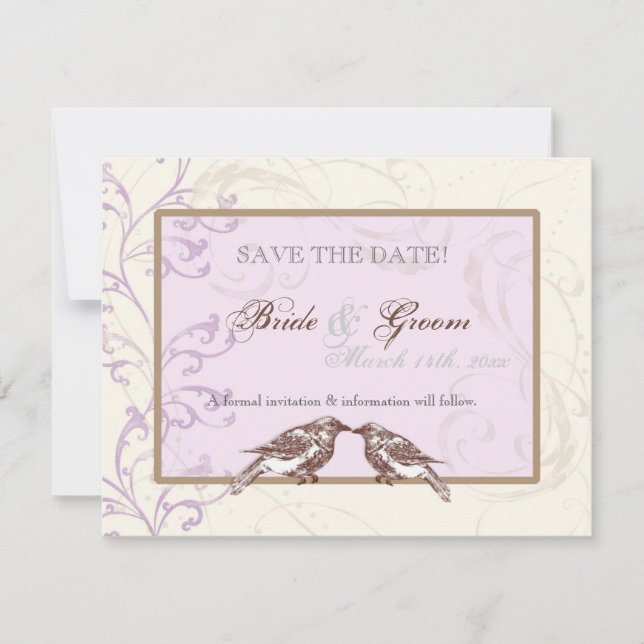 Love Birds 'n Lace - Lilac Save the Date Card (Vorderseite)