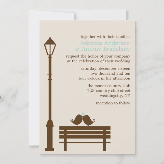 Love Birds on Park Bench Wedding Einladung (Vorderseite)