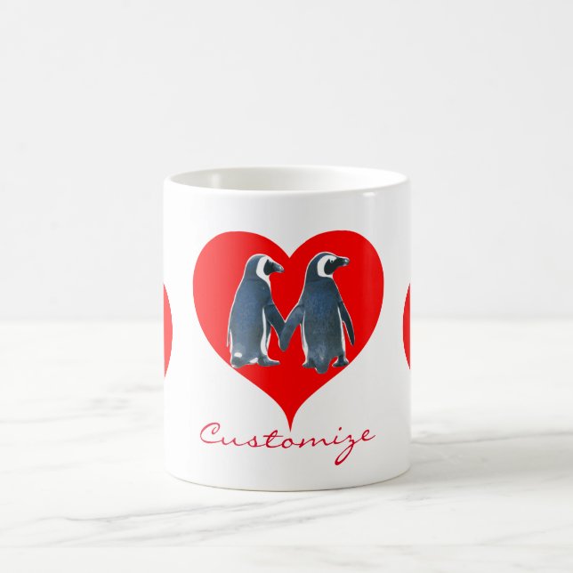 Love Birds Penguin Couple Red Hearts Thunder_Cove Kaffeetasse (Mittel)