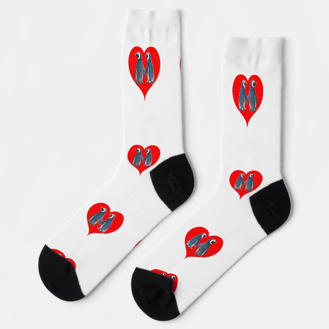 Love Birds Penguin Couple Red Hearts Thunder_Cove Socken (Linkes Detail)