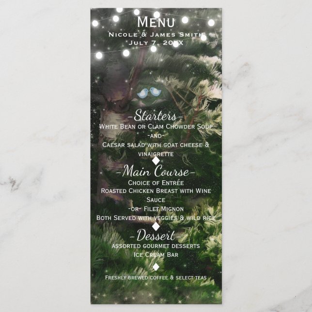 Love Birds + Pine Tree Night Wedding Menu Card Menükarte (Vorderseite)