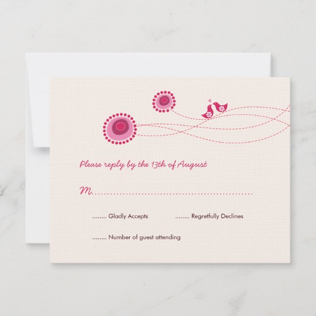 Love Birds Pink Dots Niedliche Blume Hochzeit RSVP (Vorderseite)
