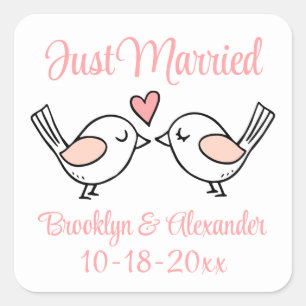 Love Birds Pink Just Married Lovebirds Hochzeit Quadratischer Aufkleber