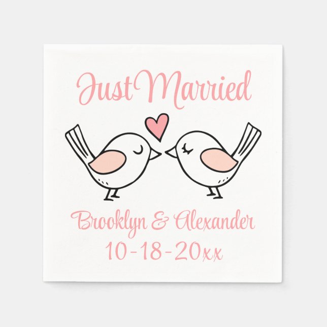 Love Birds Pink Just Married Lovebirds Hochzeit Serviette (Vorderseite)