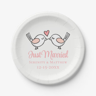 Love Birds Pink Lovebirds Just Married Wedding Pappteller