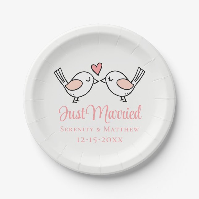 Love Birds Pink Lovebirds Just Married Wedding Pappteller (Vorderseite)