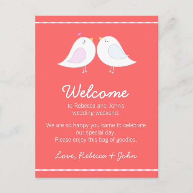 Love Birds Pink Wedding Welcome Card Postkarte (Vorderseite)