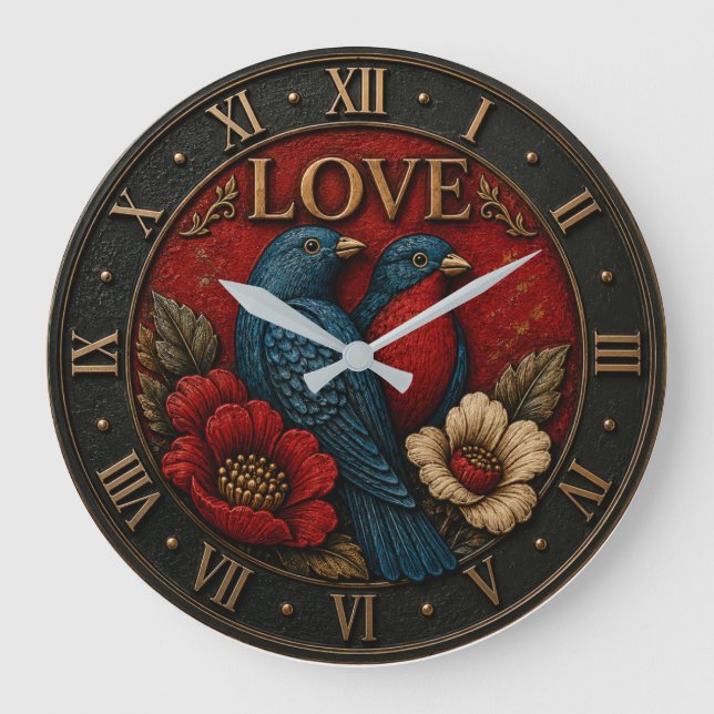 Love Birds Romantic Vintage Floral  Große Wanduhr (Vorderseite)