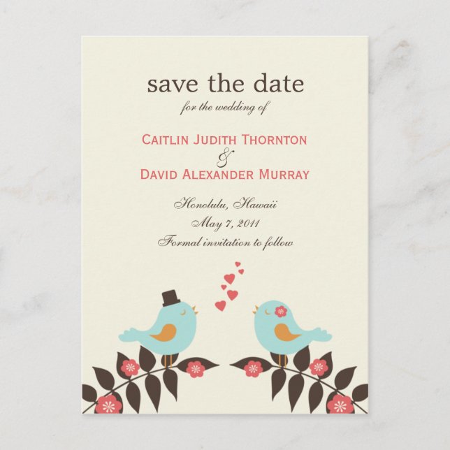 Love Birds Save the Date Card Ankündigungspostkarte (Vorderseite)