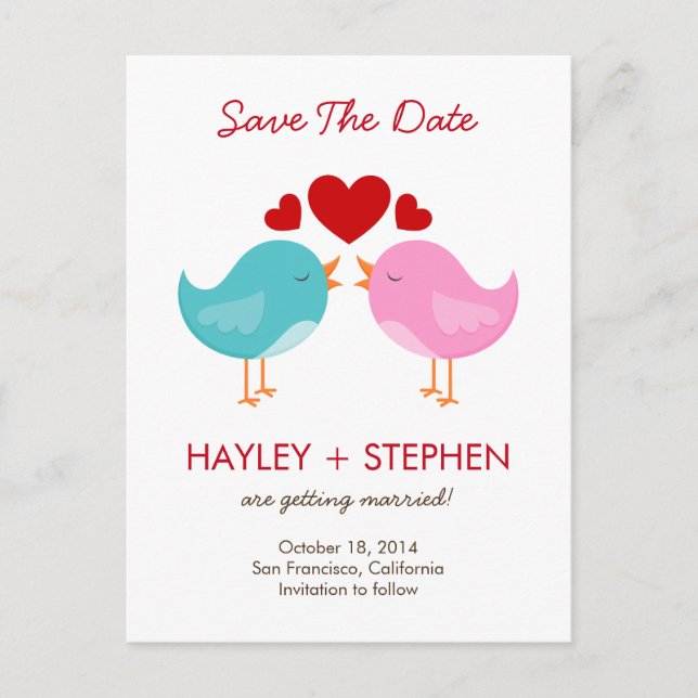 Love Birds Save the Date Card Ankündigungspostkarte (Vorderseite)