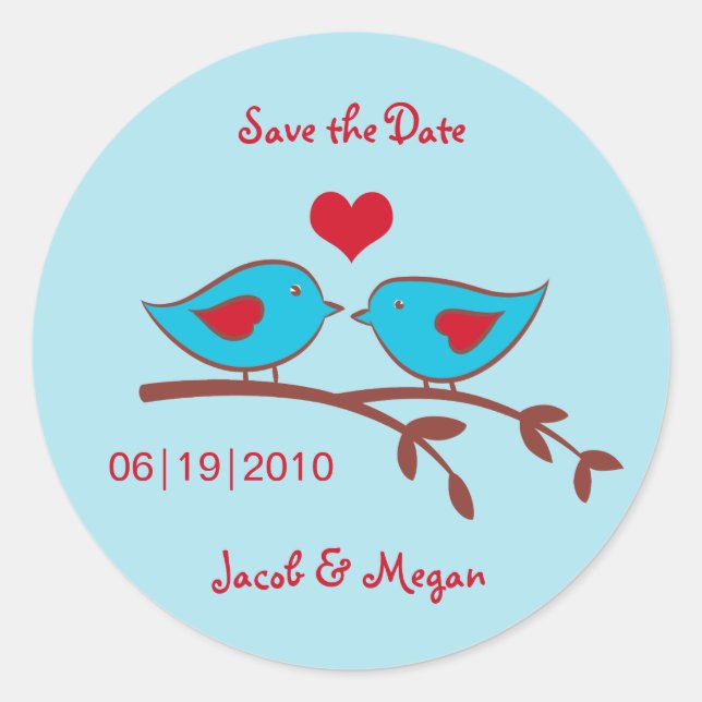 Love Birds Save the Date Label Runder Aufkleber (Vorderseite)