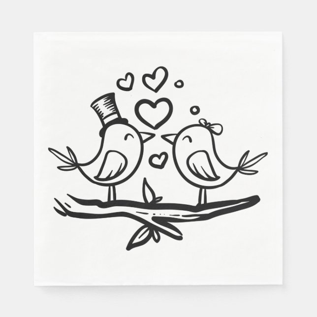 Love Birds Schwarz-weiß Hochzeitssorgen Serviette (Vorderseite)