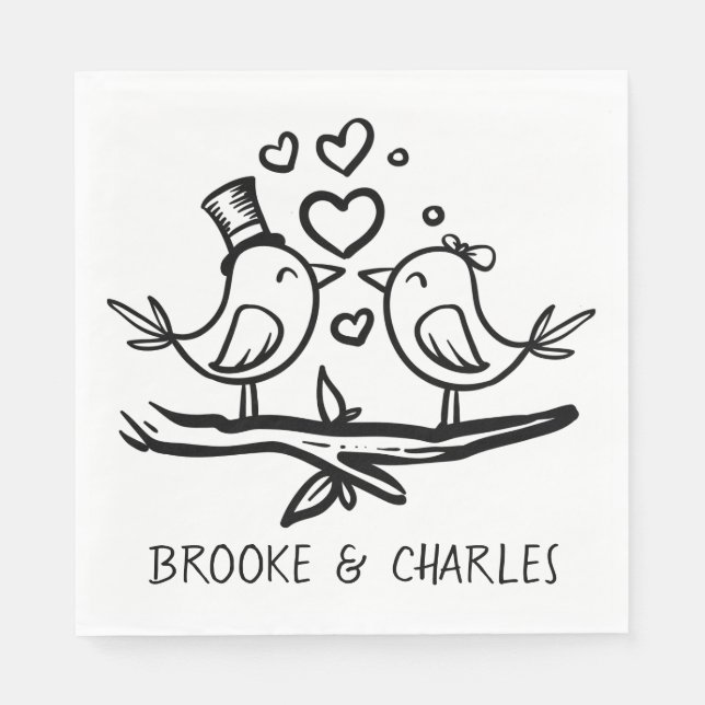Love Birds Schwarz-weiß Hochzeitssorgen Serviette (Vorderseite)