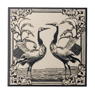 Love Birds two Cranes Black Art Deco Fliese