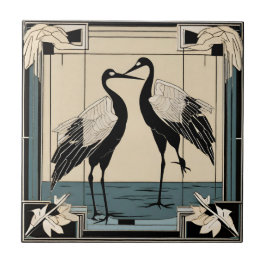 Love Birds two Cranes Blue Art Deco Fliese