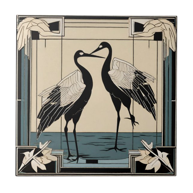 Love Birds two Cranes Blue Art Deco Fliese (Vorderseite)