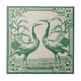 Love Birds two Cranes Green Art Deco Art Nouveau Fliese
