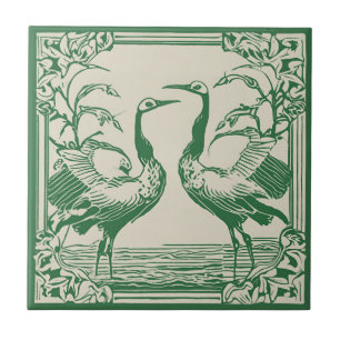 Love Birds two Cranes Green Art Deco Art Nouveau Fliese