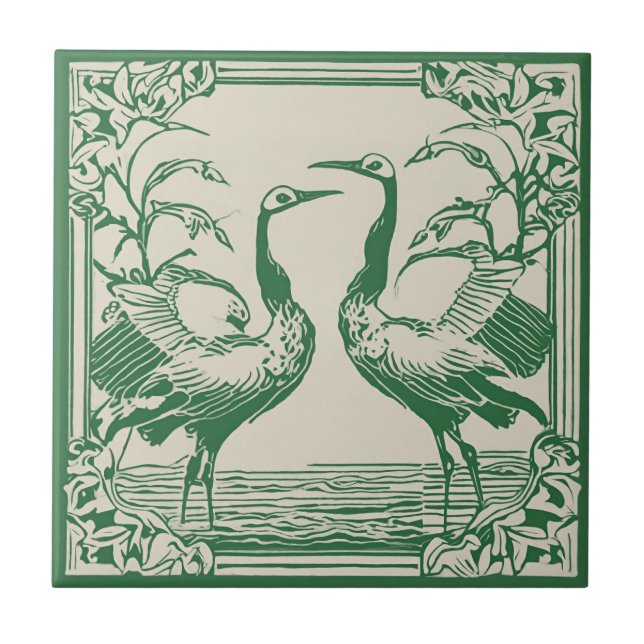 Love Birds two Cranes Green Art Deco Art Nouveau Fliese (Vorderseite)