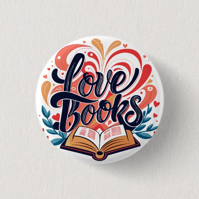 Love Books Kalligrafie Herzdesign Button (Vorderseite)