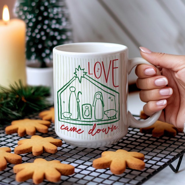 Love Came Down Hand Drawn Manger CHRISTmas Photo Kaffeetasse (Cute Love Came Down Jesus Merry CHRISTmas hand drawn manger nativity Christian Christmas mug gift)