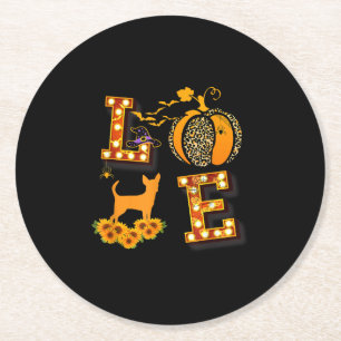 Love Chihuahua Leopard Print Pumpkin Halloween Runder Pappuntersetzer