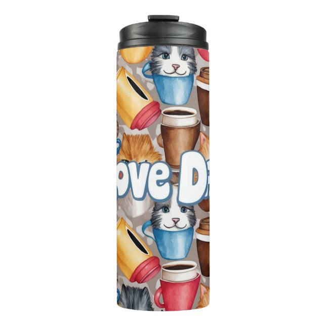 "Love Dad" Playful Cats and Coffee Pattern Thermosbecher (Vorderseite)