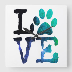 LOVE Dog Paw Print Blue and White Clock Quadratische Wanduhr