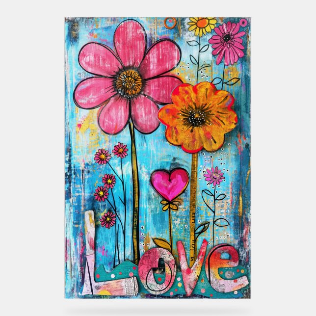 *~* LOVE Doodle – Farbige Whimsical-Blumenkunst  Acrylschild (Vorderseite)