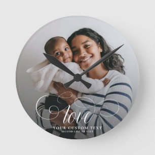 LOVE Elegantes Foto-Calligraphy-Familienandenken  Runde Wanduhr