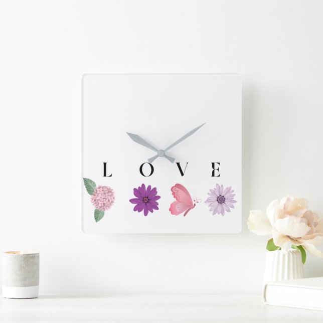 Love Floral Romantic Valentine’s Gift, Home Décor Quadratische Wanduhr (Zuhause)