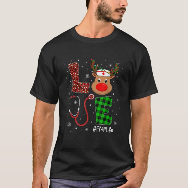 Love FNP Life Cute Reindeer Christmas Nurse Leopar T-Shirt (Vorderseite)