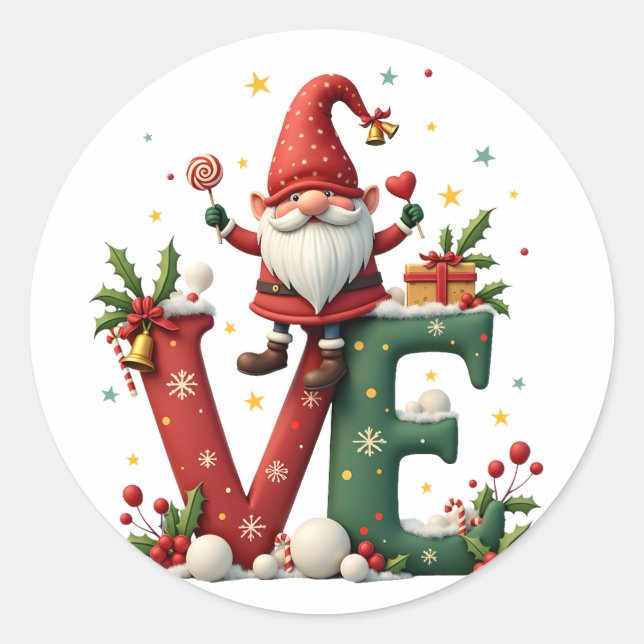 LOVE Gnome Christmas Runder Aufkleber (Vorderseite)