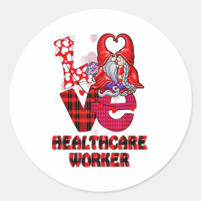 Love Gnome Healthcare Worker Valentines Day Heart  Runder Aufkleber (Vorderseite)