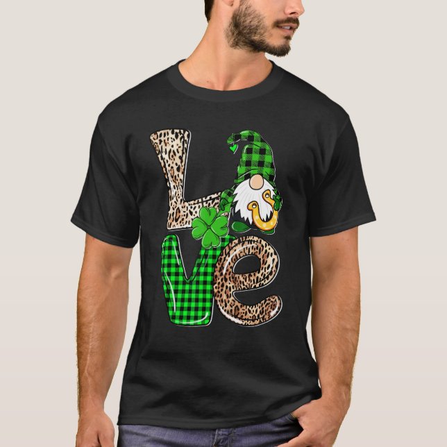 LOVE Gnomes Leopard Plaid Irish St Patricks Day Gi T-Shirt (Vorderseite)
