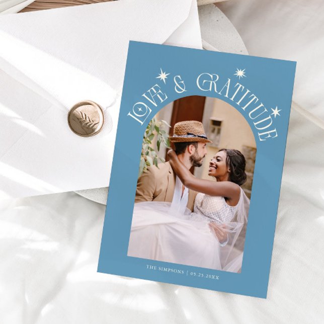 Love & Gratitude Minimal Wedding Photo Denim Blue Dankeskarte (Von Creator hochgeladen)