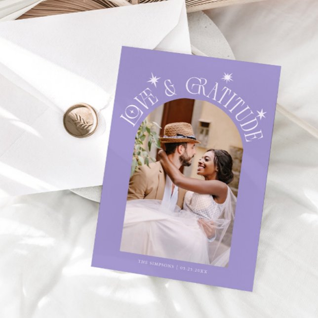 Love & Gratitude Minimal Wedding Photo Lilac Dankeskarte (Von Creator hochgeladen)