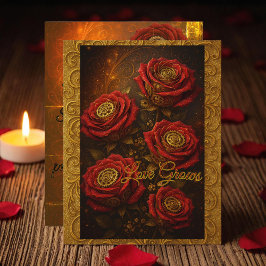 Love Grows Romantic Red Rose Gold Gears Feiertagskarte