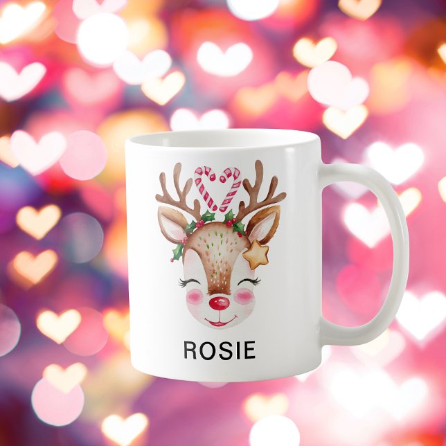 Love Heart Candy Cane Reindeer Custom Name Kaffeetasse (Love Heart Candy Cane Reindeer Custom Name Coffee Mug
)