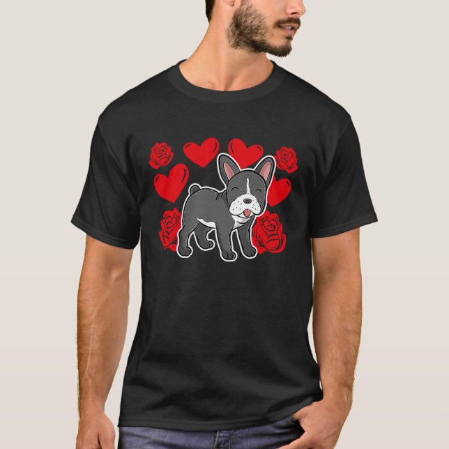 Love Heart Valentine's Day Roses French Bulldog Bo T-Shirt (Vorderseite)