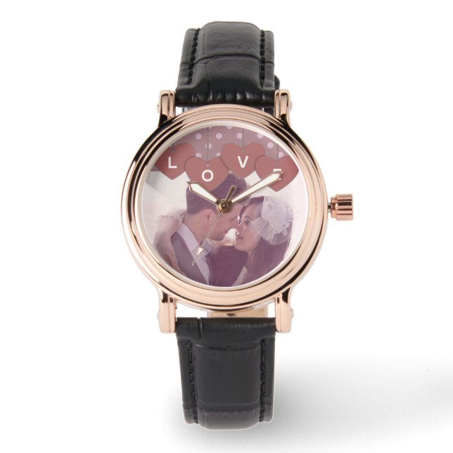 Love Hearts Banner Romantic Overlaid Custom Photo Armbanduhr (Vorderseite)