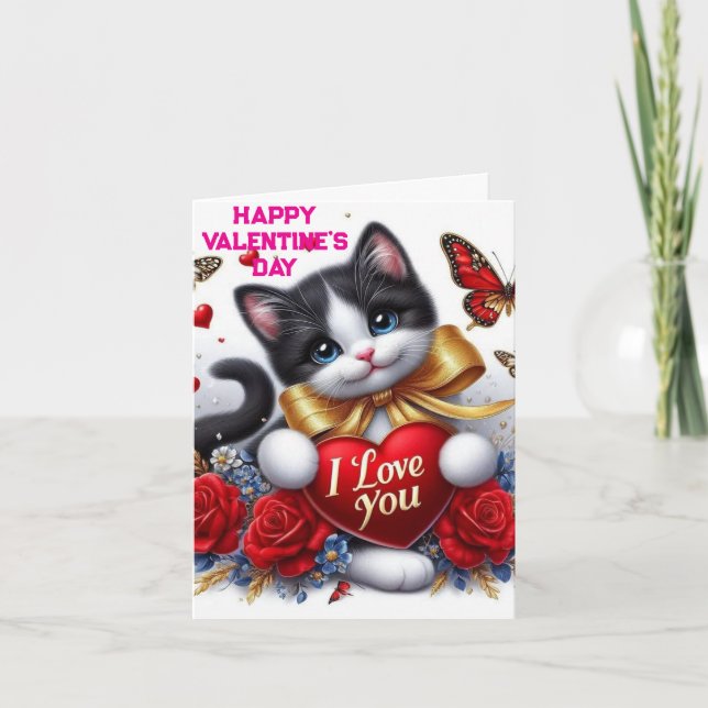 Love Hearts Cute Cat  and Roses Valentines Day Karte (Vorderseite)