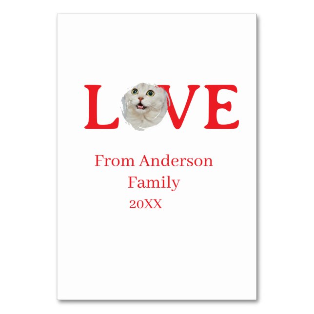Love holidays cat photo pet family name bold lette tischnummer (Vorderseite)