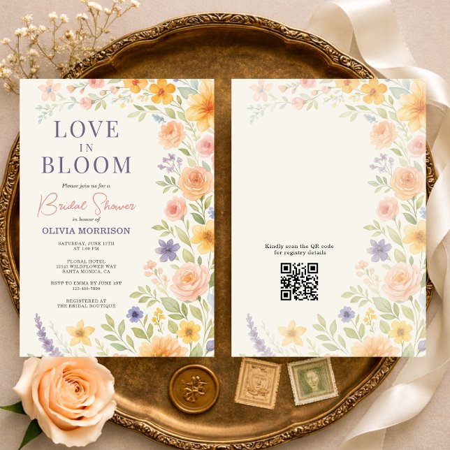 Love In Bloom Floral QR Code Bridal Shower Einladung (Von Creator hochgeladen)