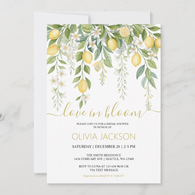 Love in Bloom | Lemon Blossom Bridal Shower Einladung (Vorderseite)
