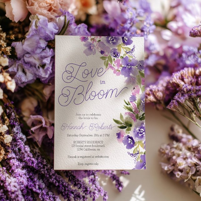 Love in bloom purple wildflowers bridal shower einladung (Love in bloom purple wildflowers bridal shower invitation)
