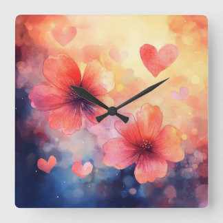 Love in Bloom – Romantic Square Floral Wall Clock Quadratische Wanduhr