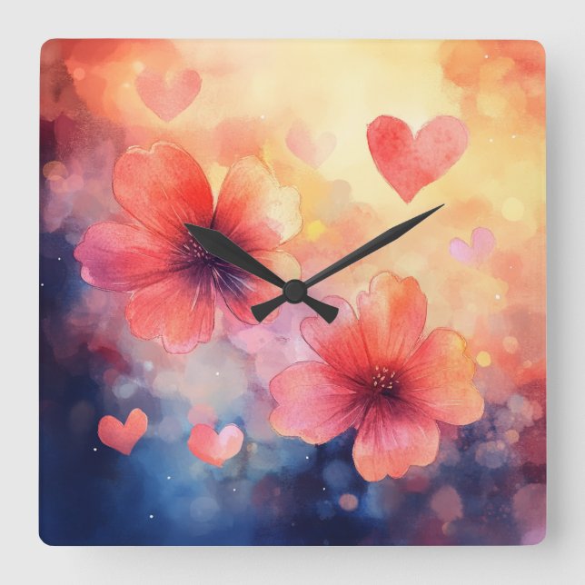 Love in Bloom – Romantic Square Floral Wall Clock Quadratische Wanduhr (Vorderseite)