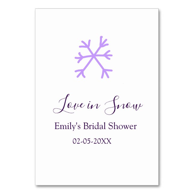 Love in Snow bridal shower purple snowflakes paste Tischnummer (Vorderseite)